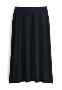 Jupe midi noire, fabriquée en tissu doux et extensible. Présente une texture lisse, une taille élastique et une silhouette fluide sans motifs visibles.