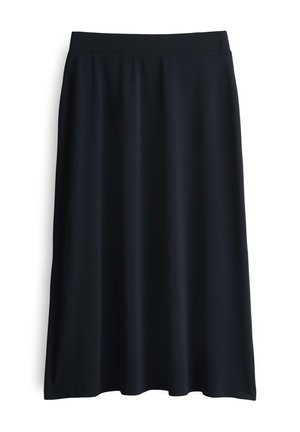 Jupe midi noire, fabriquée en tissu doux et extensible. Présente une texture lisse, une taille élastique et une silhouette fluide sans motifs visibles.