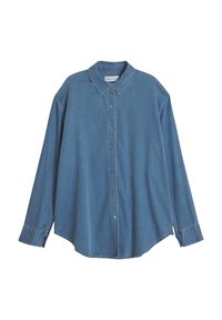 Blå denimskjorte med lange ermer, knappestolpe foran, spiss krage, buet nederkant, og subtile sømedetaljer. Myk tekstur, uformelt design.