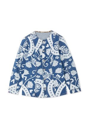 Μπλε σακάκι με κουμπιά, λευκά λουλουδάτα και αφηρημένα σχέδια, στρογγυλή λαιμόκοψη, μακριά μανίκια και εσωτερικό γιακά με μοτίβο λεοπάρ.