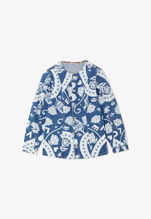 Μπλε σακάκι με κουμπιά, λευκά λουλουδάτα και αφηρημένα σχέδια, στρογγυλή λαιμόκοψη, μακριά μανίκια και εσωτερικό γιακά με μοτίβο λεοπάρ.