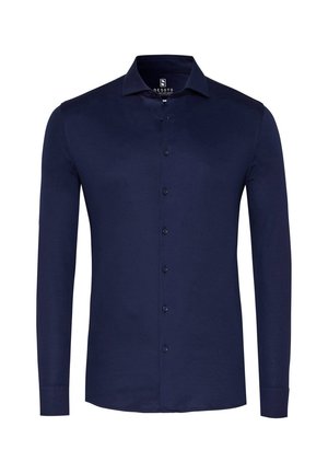 Marineblauwe shirt met lange mouwen en knopen, gemaakt van gladde stof; heeft een klassieke kraag en een voorknoopsluiting met bijpassende knopen.