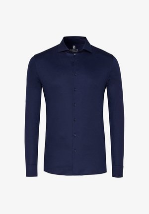 Marineblauwe shirt met lange mouwen en knopen, gemaakt van gladde stof; heeft een klassieke kraag en een voorknoopsluiting met bijpassende knopen.