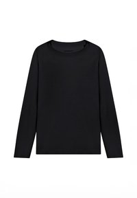 Maglietta nera a maniche lunghe realizzata in tessuto morbido, con scollatura rotonda e orlo dritto. Nessun motivo o dettaglio visibile.