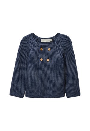 Cardigan bébé bleu marine tricoté avec manches longues et quatre boutons marron sur le devant, taille 6 mois.