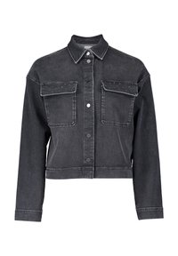 Czarna kurtka dżinsowa, krótki fason, długie rękawy, dwie kieszenie na piersi z guzikami oraz małe ćwieki na kieszeniach. Klasyczny kołnierz.