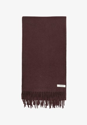 Dark brown wool scarf with fringed edges and a small white fabric label reading "COMMA est 1973" in the bottom corner.
