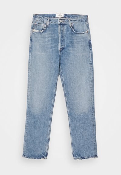 Ljusblå denimjeans med rak bendesign, med fransad fåll och subtil blekning. Inkluderar fram- och bakfickor.