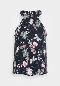 Top halter floral con escote con volantes. Fondo azul marino oscuro con patrones de flores en tonos rosa y verde. Tejido ligero y texturizado.