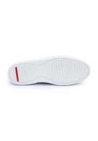 White sneaker sole with textured grip pattern, featuring a red accent stripe. Smooth surface with rounded edges for comfort and flexibility.