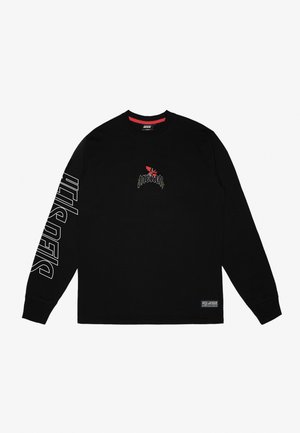 Long-sleeve black t-shirt made of cotton, featuring a central logo with red accents and white text along the left sleeve. Tag at bottom left.