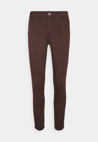 Brown skinny jeans made of cotton blend with a smooth texture, featuring a zip fly, button closure, five pockets, and knee-high length.