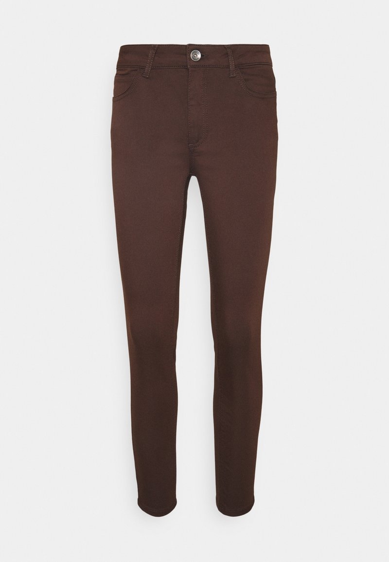 Brown skinny jeans made of cotton blend with a smooth texture, featuring a zip fly, button closure, five pockets, and knee-high length.
