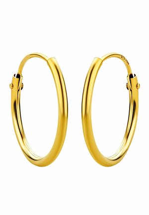 Orecchini a cerchio color oro, forma circolare, superficie liscia, chiusura a cerniera, con una finitura lucida e senza decorazioni visibili.