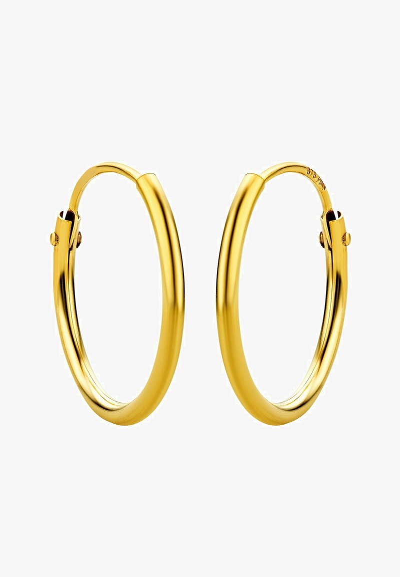 Aukso tonų iškirptos žiedinės auskarai, apvalios formos, lygus paviršius, su hinged uždarymu, poliruotas paviršius ir be matomų puošmenų.