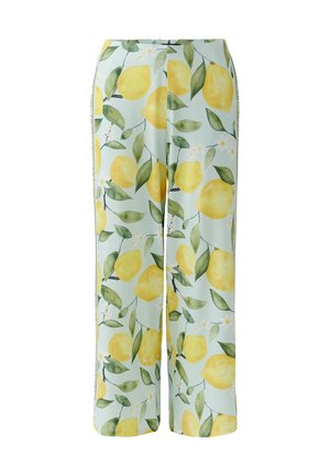 Lichtblauwe wijde broek met een patroon van gele citroenen en groene bladeren, met zijstreepdetails.