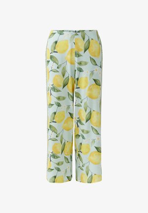 Light blue wide-leg pants with a yellow lemon and green leaf pattern, featuring side stripe detailing.