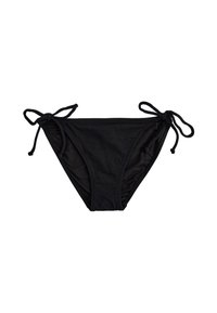 Czarne bikini z regulowanymi sznureczkami po bokach, z teksturowanej tkaniny, o klasycznym trójkątnym kształcie. Zaprojektowane dla komfortu i funkcjonalności.
