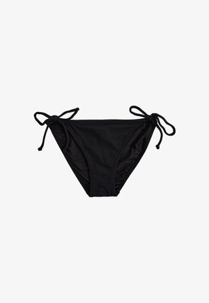 Czarne bikini z regulowanymi sznureczkami po bokach, z teksturowanej tkaniny, o klasycznym trójkątnym kształcie. Zaprojektowane dla komfortu i funkcjonalności.
