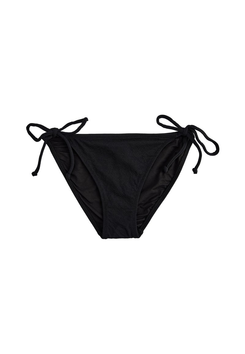 Czarne bikini z regulowanymi sznureczkami po bokach, z teksturowanej tkaniny, o klasycznym trójkątnym kształcie. Zaprojektowane dla komfortu i funkcjonalności.