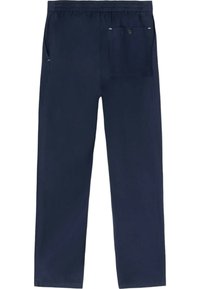 Pantaloni blu navy con cintura elastica, tasche frontali e una tasca sul retro con chiusura a bottone. Tessuto di finitura liscia.