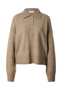Khaki, lichtgewicht gebreide trui met een kraag, zeven knopen aan de voorkant en geribde manchetten en onderkant. Gelaagde textuur.