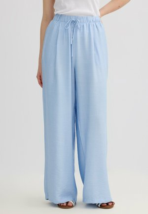 Pantalones anchos de pierna ancha azul claro con cintura elástica y cordón, combinados con una camiseta blanca y sandalias a rayas con los dedos abiertos sobre un fondo neutro.