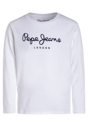 Hvid langærmet rundhalset skjorte med "Pepe Jeans London"-logo broderet i mørkeblå på brystet.