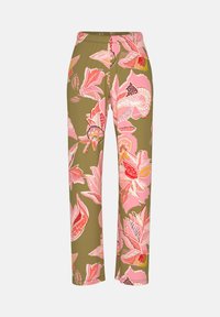 Broek met bloemenpatroon in olijfgroen, met grote roze en rode bloemen. Rechte pijpen, gladde textuur en geen zichtbare hardware.