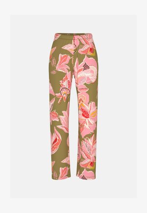 Broek met bloemenpatroon in olijfgroen, met grote roze en rode bloemen. Rechte pijpen, gladde textuur en geen zichtbare hardware.