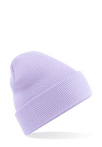 Purple ribbed knit beanie with a folded cuff, featuring a smooth texture and a rounded top design. Ideal for casual wear.