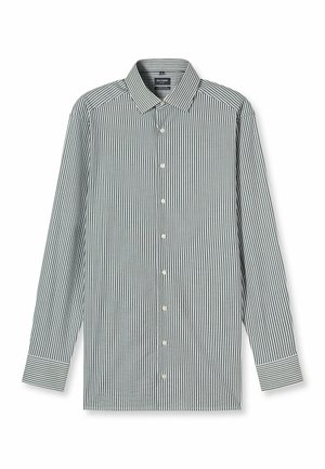 Langärmliges Hemd mit Knopfleiste, grün-weißem vertikalem Streifenmuster, Kragen und schlichten weißen Knöpfen.