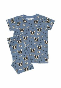Sininen pyjamassa oleva asu, joka sisältää lyhythihaisen paidan ja housut, koristeltuna ranskalaisen bulldogin ja luujen kuviolla, valmistettu pehmeästä kankaasta.