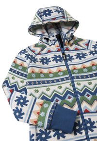 Casaco de fleece com capuz, apresentando um padrão de flocos de neve, triângulos e riscas nas cores azul, verde, bege e vermelho. Com fecho éclair na frente e punhos elásticos.