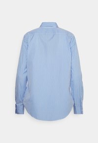 Blau-weißer gestreifter Hemd, lange Ärmel, klassischer Kragen, abgerundeter Saum, Knopfmanschetten. Hergestellt aus leichtem Stoff mit glatter Textur.