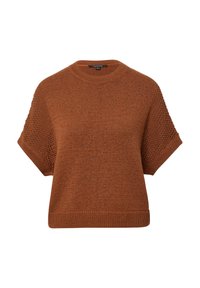Brauner Strickpullover mit kurzen Ärmeln, geripptem Kragen und Saum, strukturierten Details an den Ärmeln und lockerer Passform.