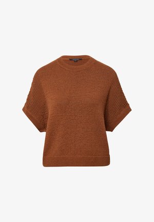 Pull en tricot marron à manches courtes, avec un col et un ourlet côtelés, des détails texturés sur les manches et une coupe loose.