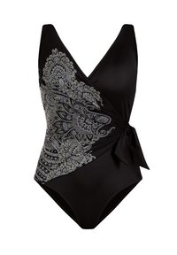 Czarny jednoczęściowy kostium kąpielowy z dekoltem w serek, zdobiony misternymi srebrnymi i złotymi wzorami paisley oraz regulowanym wiązaniem w talii.