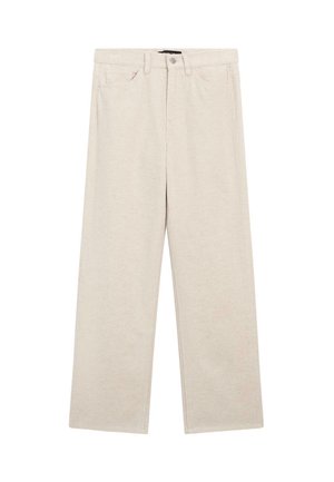 Beige corduroy straight-leg pants with front pockets, belt loops, and a button closure at the waist.