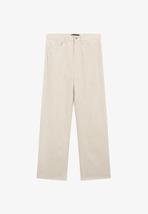 Beżowe spodnie z korduroju o prostym kroju, z kieszeniami z przodu, szlufkami na pasek oraz zapięciem na guzik w talii.
