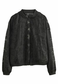 Musta bomber-takki, jossa on teksturoitu kangas, kukkakuosi, ribbineulekaulus ja -hihansuut sekä rento istuvuus. Ei näkyviä kiinnityksiä.