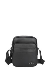 Borsa a tracolla in pelle nera con due scomparti con zip, finitura testurizzata, tracolla regolabile e logo brandizzato sul davanti.