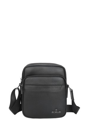 Borsa a tracolla in pelle nera con due scomparti con zip, finitura testurizzata, tracolla regolabile e logo brandizzato sul davanti.