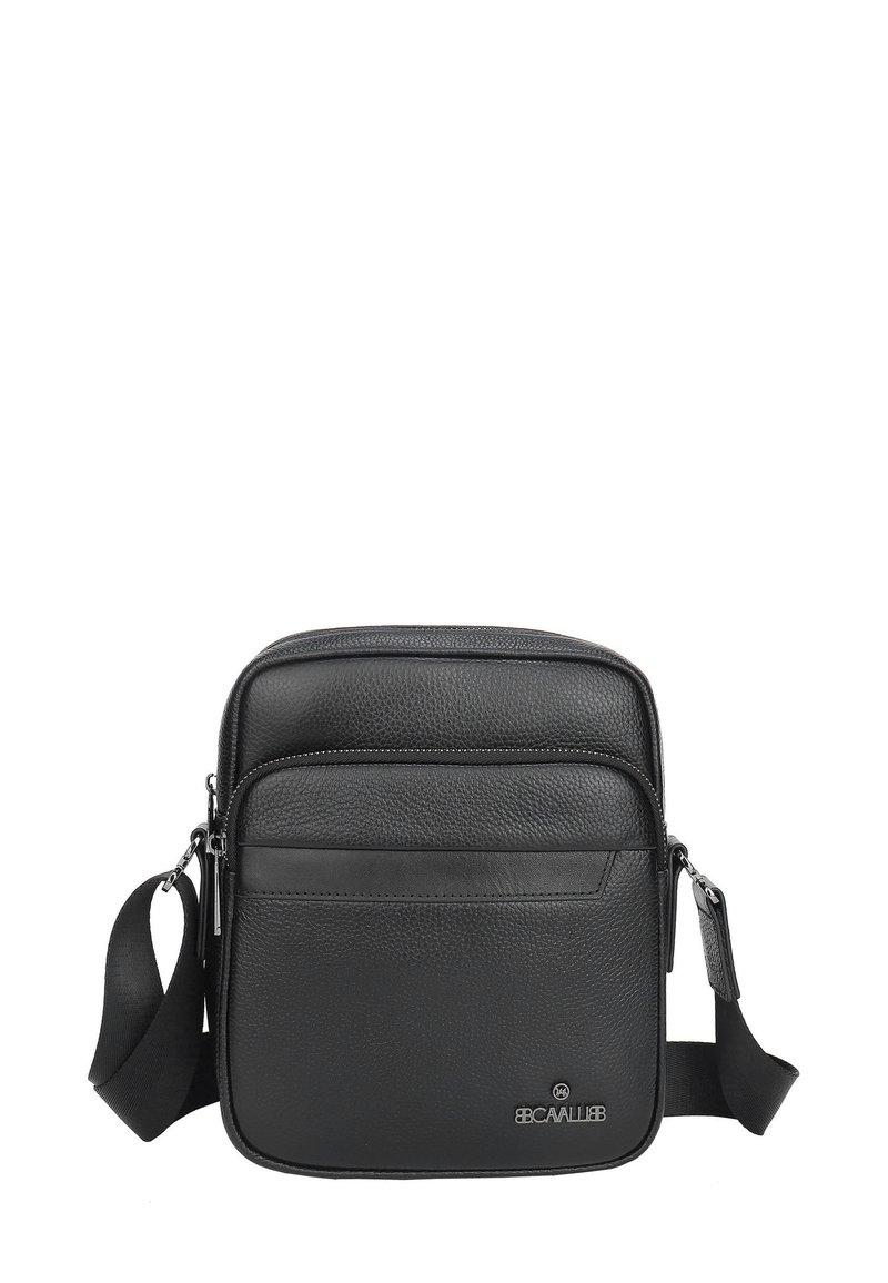 Borsa a tracolla in pelle nera con due scomparti con zip, finitura testurizzata, tracolla regolabile e logo brandizzato sul davanti.