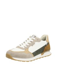 Sneaker mit einer Kombination aus weißem Leder, beigem Stoff und grünen Wildlederakzenten, mit einer Gummisohle und einer klassischen sportlichen Form.