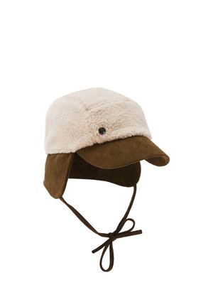 Winter hat with cream-colored fleece top, brown suede brim and ear flaps, and tied chin straps for secure fit.