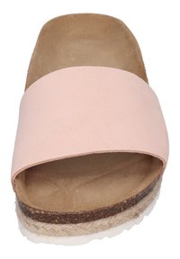Pink suede slide sandal with a wide strap, natural cork footbed, jute trim, and white rubber sole. Flat design for casual wear.