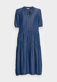 Jeansklänning i mörkblått med v-ringning, korta puffärmar och lagerpuffar. Smooth textur med en avslappnad design.