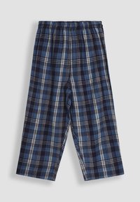 Tummansinisiä ruutuhousuja, joissa on joustava vyötärö, ja jotka ovat vyöhykkeellä sinisen ja valkoisen sävyissä, valmistettu pehmeästä kankaasta.