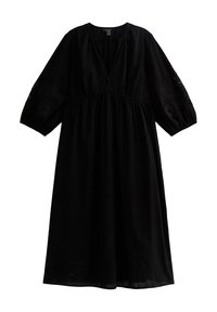 Black dress with a v-neck, gathered waist, and three-quarter sleeves featuring embroidered floral details on the cuffs. Soft fabric texture.